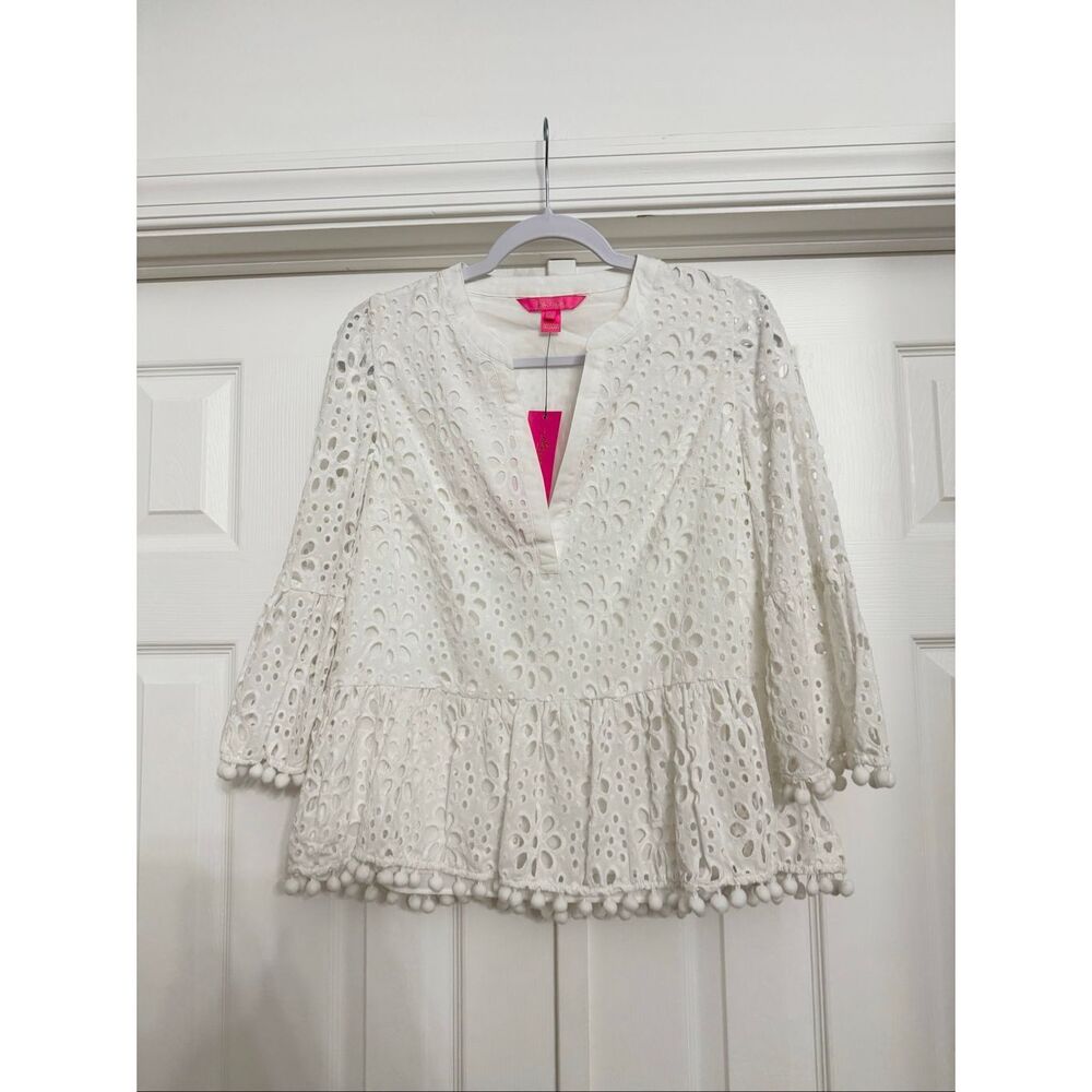 Lilly Pulitzer Womens White Floral Eyelet Pompom Trim Bekah Peplum Blouse XS NWT